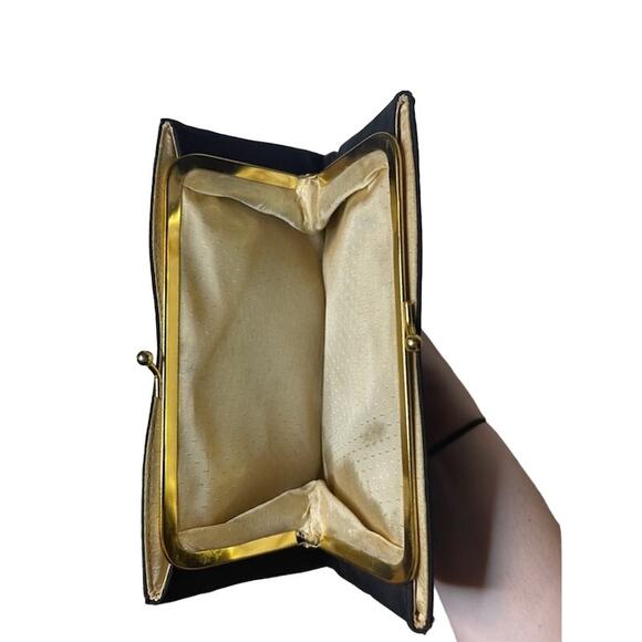 Vintage Black Canvas Clutch Wallet Kiss Lock Clasp Coin Purse Metal Frame - Picture 2 of 4